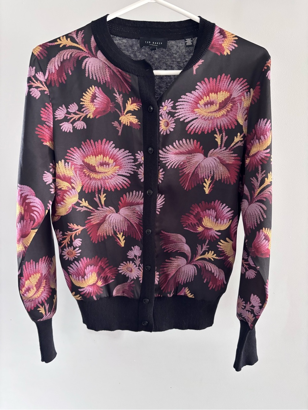 Ted Baker Black Floral Bomber-Style Cardigan Jacket - Pink & Gold Floral